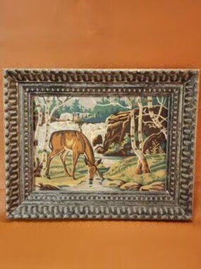 VINTAGE AMERICAN PAINT BY NUMBERS WOODLAND SCENE WITH DOE AND WATERFALL - FRAMED